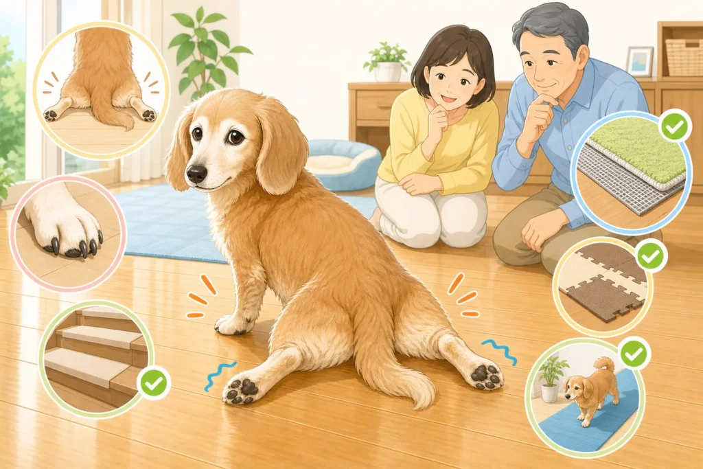 シニア犬の後脚が開く原因とフローリング滑り対策チェック